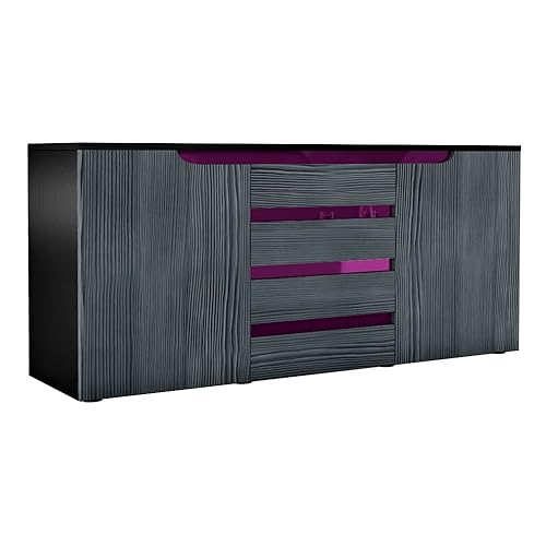 Vladon Sideboard Kommode Sylt V1, Made in Germany, Korpus in Schwarz matt/Front in Avola-Anthrazit mit Absetzungen in Brombeer Hochglanz (139 x 72 x 35) von Vladon