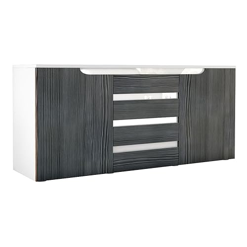 Vladon Sideboard Kommode Sylt V1, Made in Germany, Korpus in Weiß matt/Front in Avola-Anthrazit mit Absetzungen in Weiß Hochglanz (139 x 72 x 35) von Vladon