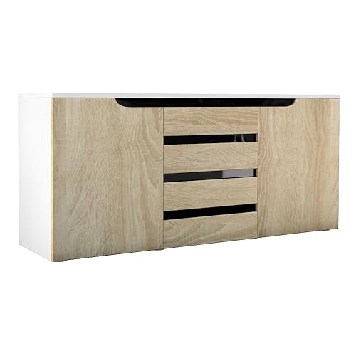 Vladon Sideboard Kommode Sylt V1, Korpus in Weiß matt/Front in Eiche sägerau mit Absetzungen in Schwarz Hochglanz (139 x 72 x 35) von Vladon