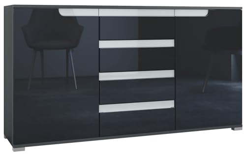 Vladon Sideboard Sylt V1, Kommode mit 2 Türen und 4 Schubladen, Korpus - Anthrazit matt/Front - Schwarz Hochglanz/Absetzung - Weiß Hochglanz (138,5 x 75,5 x 35 cm) von Vladon