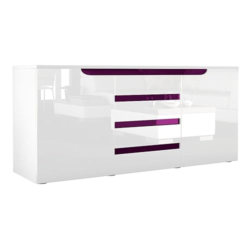 Vladon Sideboard Kommode Sylt V1, Made in Germany, Korpus in Weiß matt/Front in Weiß Hochglanz mit Absetzungen in Brombeer Hochglanz (139 x 72 x 35) von Vladon
