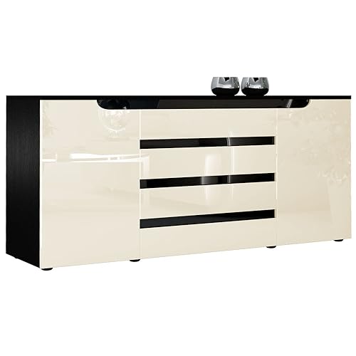 Vladon Sideboard Kommode Sylt V2, Made in Germany, Korpus in Schwarz matt/Front in Creme Hochglanz mit Absetzungen in Schwarz Hochglanz (166 x 72 x 35) von Vladon