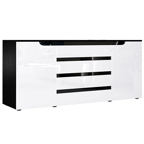 Vladon Sideboard Kommode Sylt V2, Made in Germany, Korpus in Schwarz matt/Front in Weiß Hochglanz mit Absetzungen in Schwarz Hochglanz (166 x 72 x 35) von Vladon