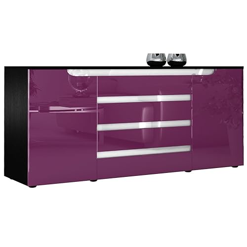 Vladon Sideboard Kommode Sylt V2, Made in Germany, Korpus in Schwarz matt/Front in Brombeer Hochglanz mit Absetzungen in Weiß Hochglanz (166 x 72 x 35) von Vladon