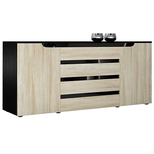 Vladon Sideboard Kommode Sylt V2, Made in Germany, Korpus in Schwarz matt/Front in Eiche sägerau mit Absetzungen in Schwarz Hochglanz (166 x 72 x 35) von Vladon