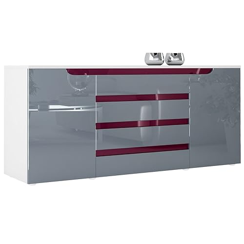 Vladon Sideboard Kommode Sylt V2, Made in Germany, Korpus in Weiß matt/Front in Grau Hochglanz mit Absetzungen in Brombeer Hochglanz (166 x 72 x 35) von Vladon