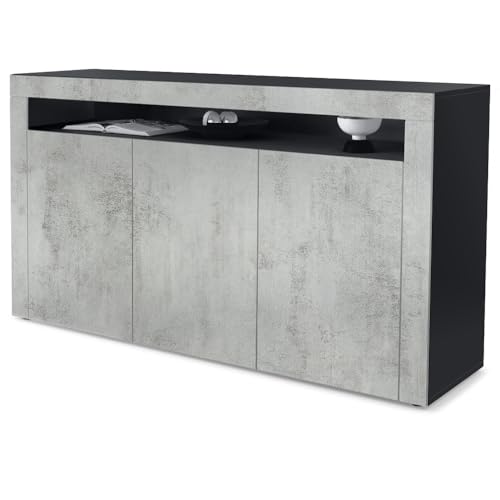 Vladon Sideboard Valencia, Made in Germany, Kommode mit 3 Türen und 1 offenem Fach, Schwarz matt/Beton Oxid Optik/Beton Oxid Optik (155 x 92 x 40 cm) von Vladon