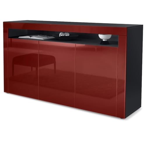 Vladon Sideboard Valencia, Made in Germany, Kommode mit 3 Türen und 1 offenem Fach, Schwarz matt/Bordeaux Hochglanz/Bordeaux Hochglanz (155 x 92 x 40 cm) von Vladon