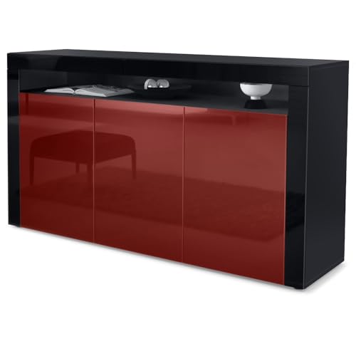 Vladon Sideboard Valencia, Made in Germany, Kommode mit 3 Türen und 1 offenem Fach, Schwarz matt/Bordeaux Hochglanz/Schwarz Hochglanz (155 x 92 x 40 cm) von Vladon