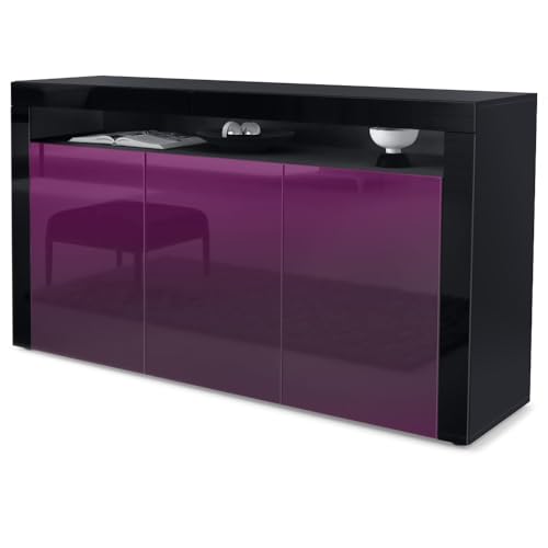 Vladon Sideboard Valencia, Made in Germany, Kommode mit 3 Türen und 1 offenem Fach, Schwarz matt/Brombeer Hochglanz/Schwarz Hochglanz (155 x 92 x 40 cm) von Vladon