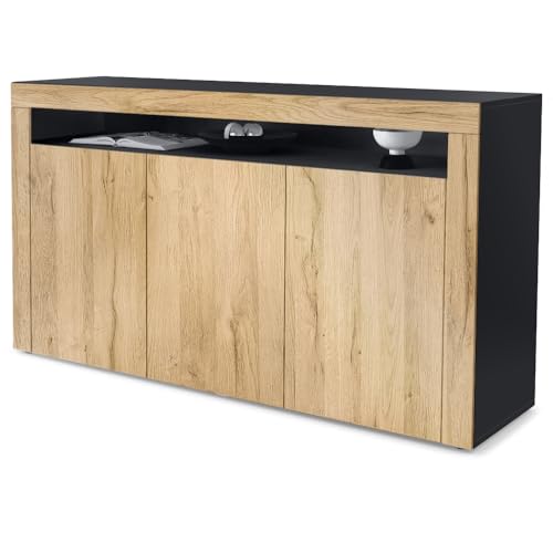 Vladon Sideboard Valencia, Made in Germany, Kommode mit 3 Türen und 1 offenem Fach, Schwarz matt/Eiche Natur/Eiche Natur (155 x 92 x 40 cm) Vladon Sideboard Valencia, Made in Germany, Kommode mit 3 Türen und 1 offenem Fach, Schwarz matt/Eiche Natur/Eiche Natur (155 x 92 x 40 cm) von Vladon