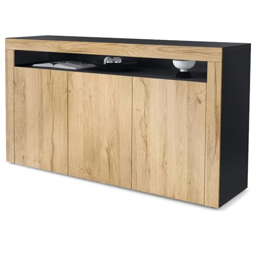 Vladon Sideboard Valencia, Made in Germany, Kommode mit 3 Türen und 1 offenem Fach, Schwarz matt/Eiche Natur/Eiche Natur (155 x 92 x 40 cm) von Vladon