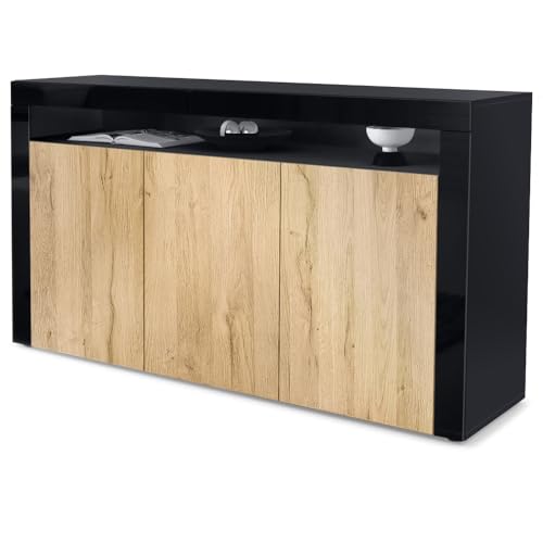 Vladon Sideboard Valencia, Made in Germany, Kommode mit 3 Türen und 1 offenem Fach, Schwarz matt/Eiche Natur/Schwarz Hochglanz (155 x 92 x 40 cm) von Vladon