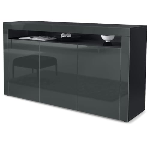 Vladon Sideboard Valencia, Made in Germany, Kommode mit 3 Türen und 1 offenem Fach, Schwarz matt/Grau Hochglanz/Grau Hochglanz (155 x 92 x 40 cm) von Vladon