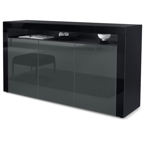 Vladon Sideboard Valencia, Made in Germany, Kommode mit 3 Türen und 1 offenem Fach, Schwarz matt/Grau Hochglanz/Schwarz Hochglanz (155 x 92 x 40 cm) von Vladon