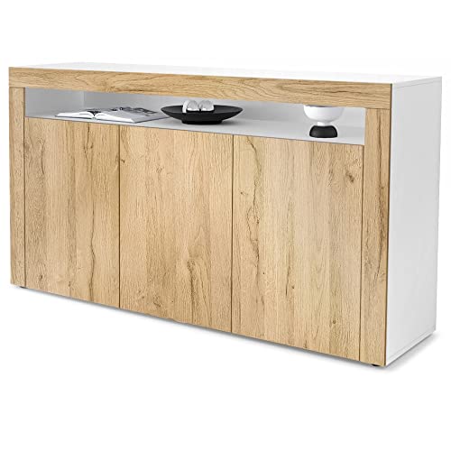 Vladon Sideboard Valencia, Made in Germany, Kommode mit 3 Türen und 1 offenem Fach, Weiß matt/Eiche Natur/Eiche Natur (155 x 92 x 40 cm) von Vladon