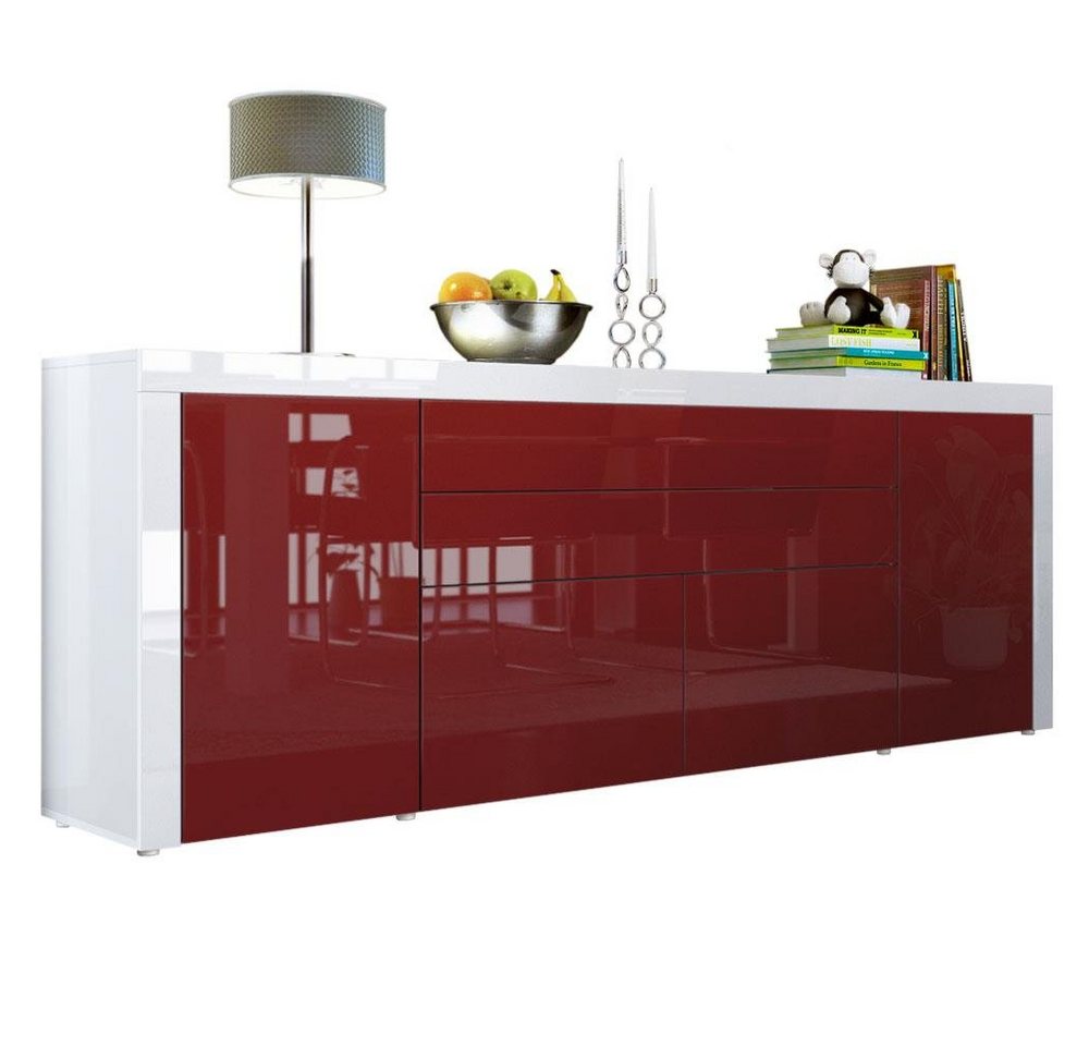 Vladon Sideboard La Paz (Kommode, mit 2 Türen, 2 Schubkästen und 2 Klappen), Bordeaux Hochglanz/Weiß Hochglanz (200 x 72 x 35 cm) von Vladon