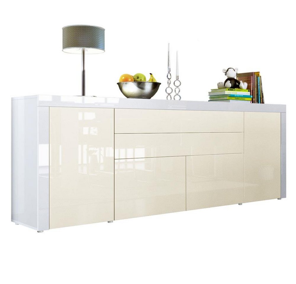 Vladon Sideboard La Paz (Kommode, mit 2 Türen, 2 Schubkästen und 2 Klappen), Creme Hochglanz/Weiß Hochglanz (200 x 72 x 35 cm) von Vladon