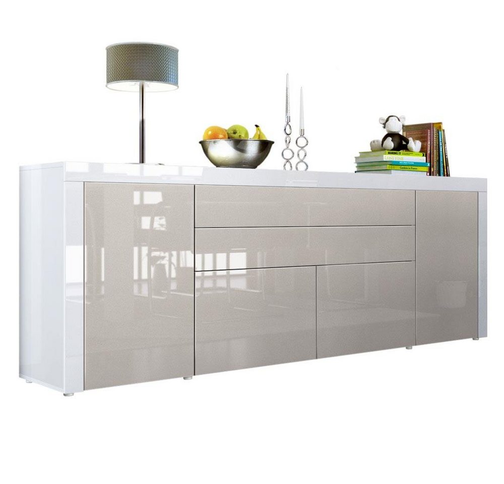 Vladon Sideboard La Paz (Kommode, mit 2 Türen, 2 Schubkästen und 2 Klappen), Sandgrau Hochglanz/Weiß Hochglanz (200 x 72 x 35 cm) von Vladon