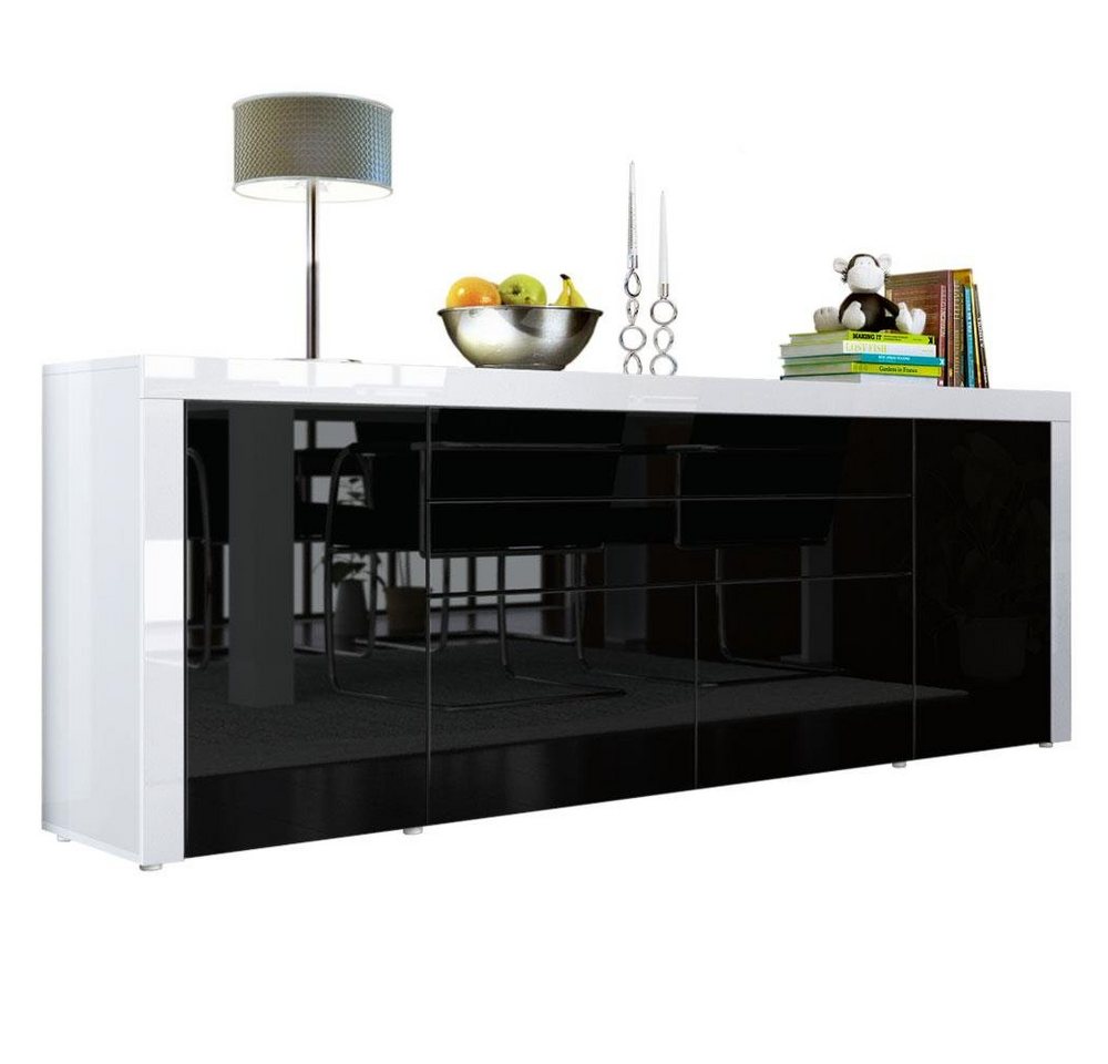 Vladon Sideboard La Paz (Kommode, mit 2 Türen, 2 Schubkästen und 2 Klappen), Schwarz Hochglanz/Weiß Hochglanz (200 x 72 x 35 cm) von Vladon