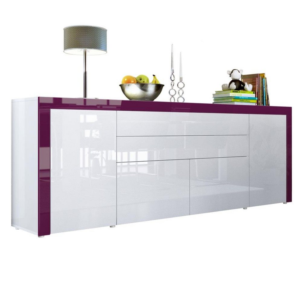 Vladon Sideboard La Paz (Kommode, mit 2 Türen, 2 Schubkästen und 2 Klappen), Weiß Hochglanz/Brombeer Hochglanz (200 x 72 x 35 cm) von Vladon