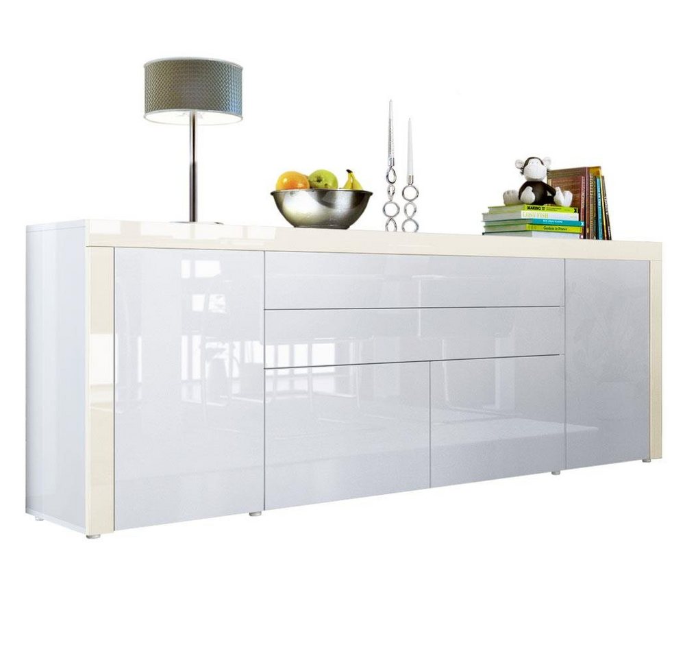 Vladon Sideboard La Paz (Kommode, mit 2 Türen, 2 Schubkästen und 2 Klappen), Weiß Hochglanz/Creme Hochglanz (200 x 72 x 35 cm) von Vladon