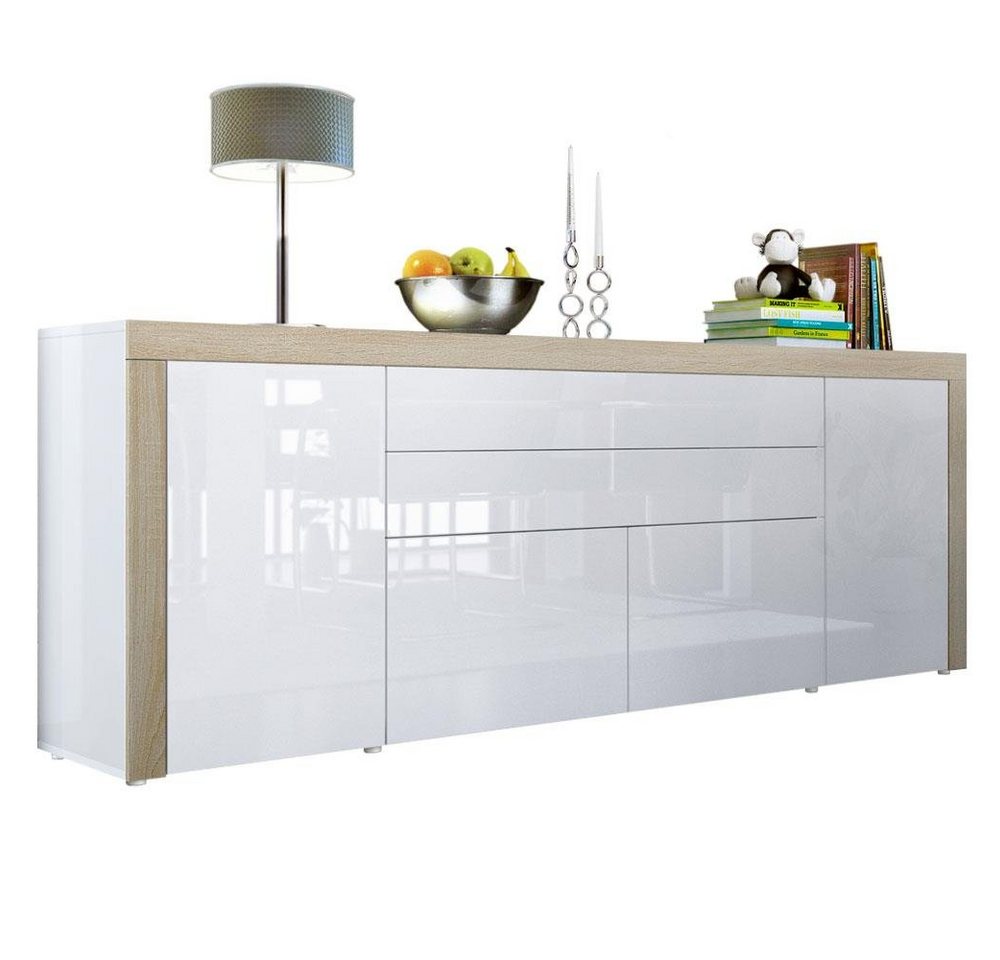 Vladon Sideboard La Paz (Kommode, mit 2 Türen, 2 Schubkästen und 2 Klappen), Weiß Hochglanz/Eiche sägerau (200 x 72 x 35 cm) von Vladon