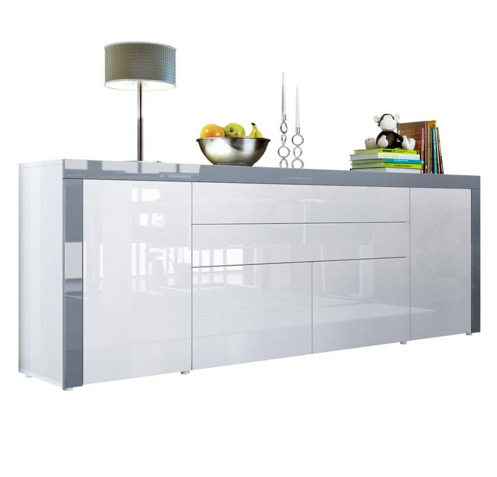 Vladon Sideboard La Paz (Kommode, mit 2 Türen, 2 Schubkästen und 2 Klappen), Weiß Hochglanz/Grau Hochglanz (200 x 72 x 35 cm) von Vladon