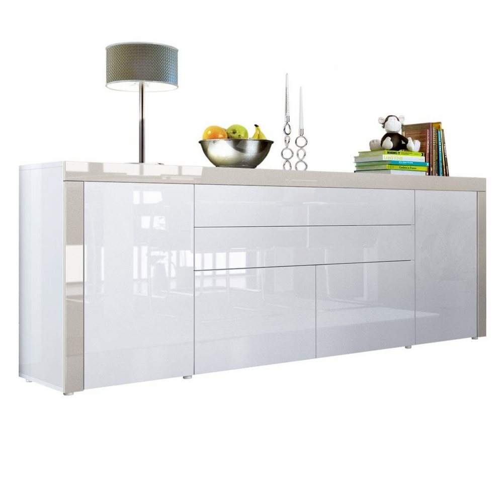 Vladon Sideboard La Paz (Kommode, mit 2 Türen, 2 Schubkästen und 2 Klappen), Weiß Hochglanz/Sandgrau Hochglanz (200 x 72 x 35 cm) von Vladon