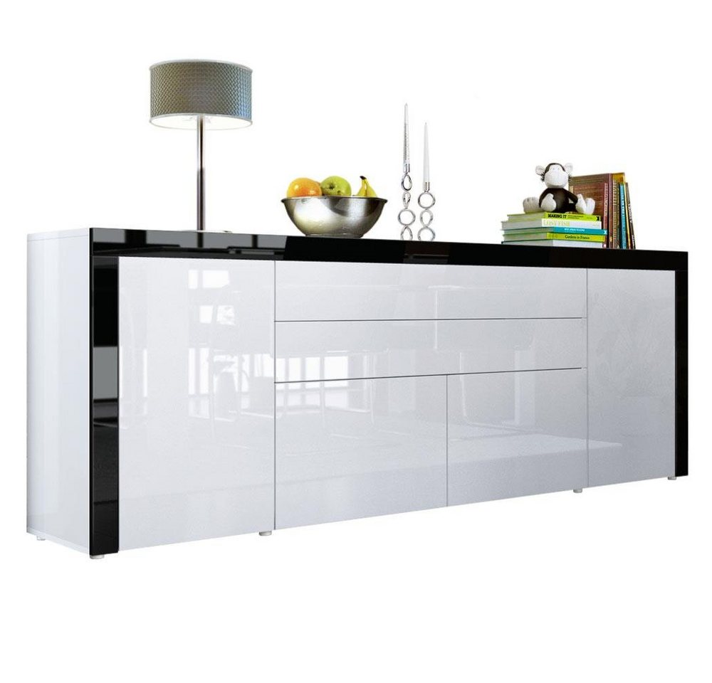 Vladon Sideboard La Paz (Kommode, mit 2 Türen, 2 Schubkästen und 2 Klappen), Weiß Hochglanz/Schwarz Hochglanz (200 x 72 x 35 cm) von Vladon