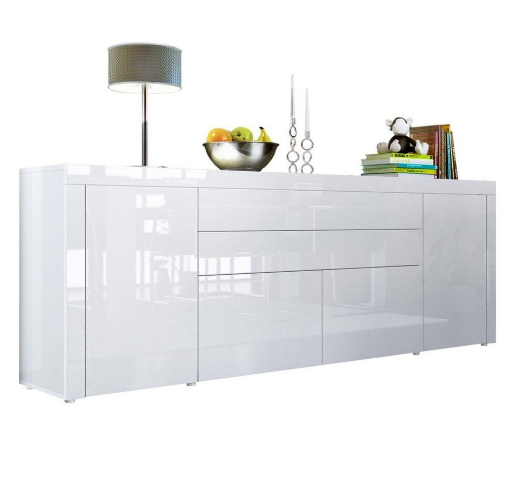 Vladon Sideboard La Paz (Kommode, mit 2 Türen, 2 Schubkästen und 2 Klappen), Weiß Hochglanz/Weiß Hochglanz (200 x 72 x 35 cm) von Vladon