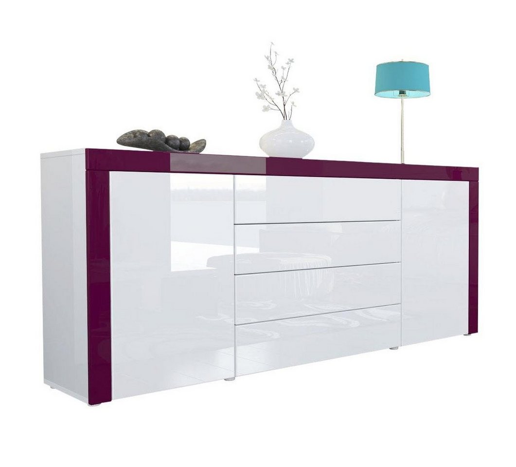 Vladon Sideboard La Paz (Kommode, mit 2 Türen und 4 Schubladen), Weiß Hochglanz / Brombeer Hochglanz (167 x 72 x 35) von Vladon