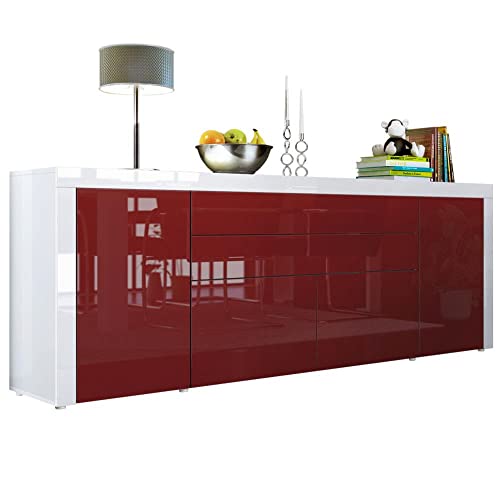 Vladon Sideboard La Paz V2, Made in Germany, Kommode mit 2 Türen, 2 Schubkästen und 2 Klappen, Weiß Hochglanz/Bordeaux Hochglanz/Weiß Hochglanz (200 x 72 x 35 cm) von Vladon