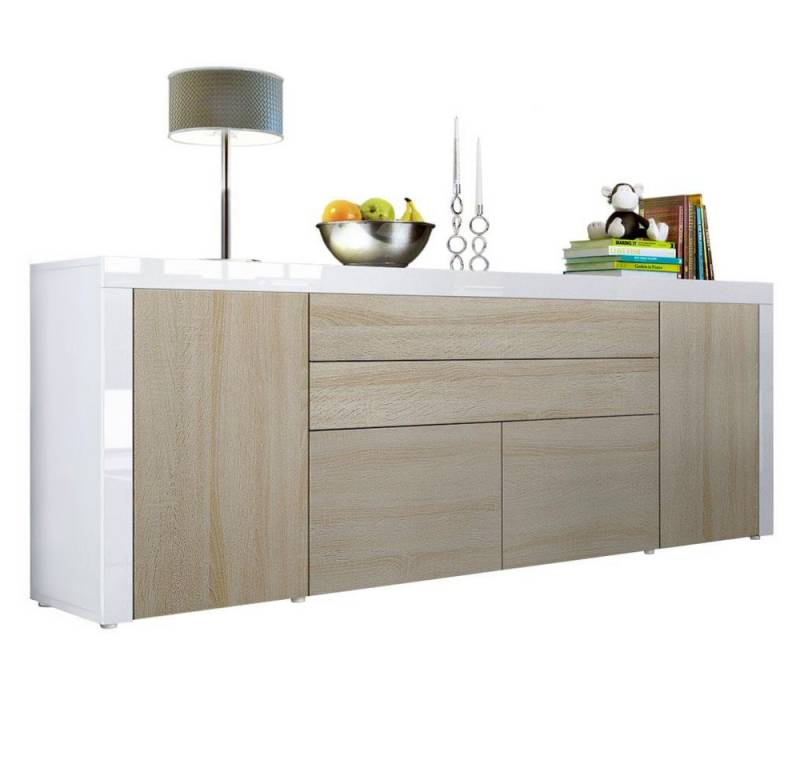 Vladon Sideboard La Paz V2 (Kommode mit 2 Türen, 2 Schubkästen und 2 Klappen, Korpus Weiß matt), Front Eiche sägerau & Weiß Hochglanz (200 x 72 x 35 cm) von Vladon