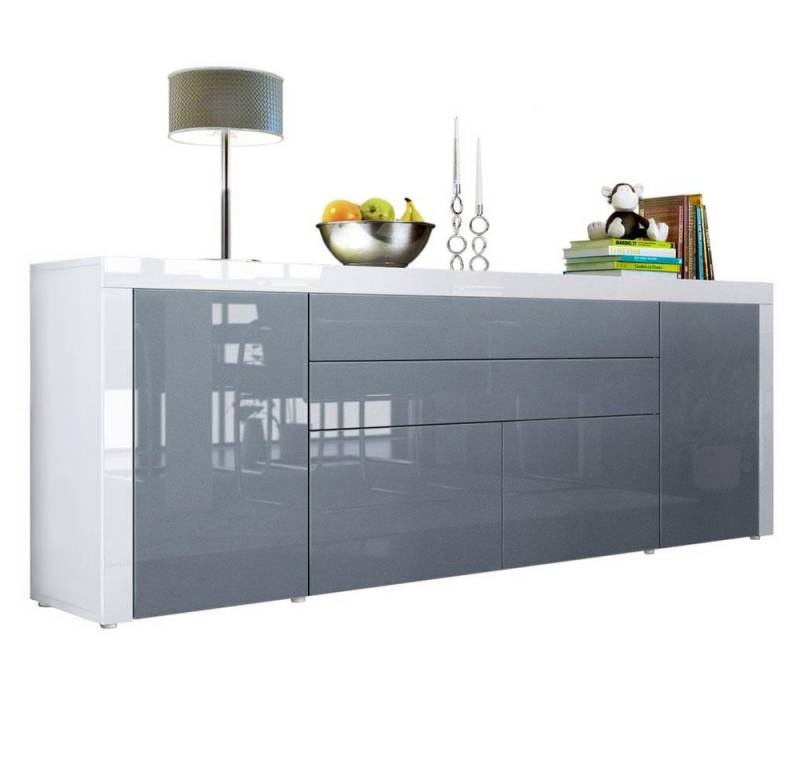 Vladon Sideboard La Paz V2 (Kommode mit 2 Türen, 2 Schubkästen und 2 Klappen, Korpus Weiß matt), Front Grau Hochglanz & Weiß Hochglanz (200 x 72 x 35 cm) von Vladon