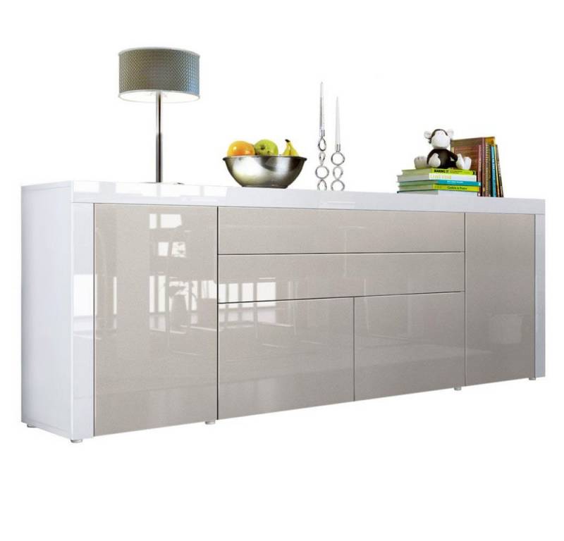 Vladon Sideboard La Paz V2 (Kommode mit 2 Türen, 2 Schubkästen und 2 Klappen, Korpus Weiß matt), Front Sandgrau Hochglanz & Weiß Hochglanz (200 x 72 x 35 cm) von Vladon