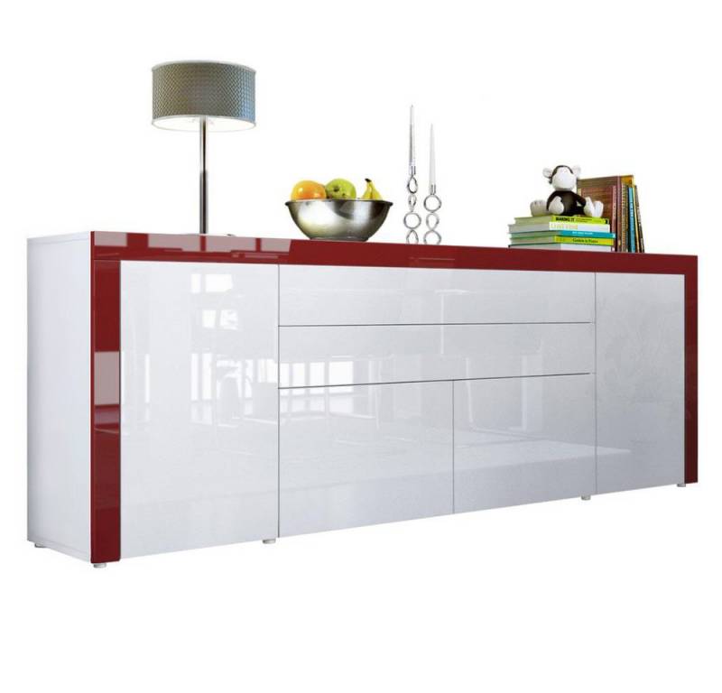 Vladon Sideboard La Paz V2 (Kommode mit 2 Türen, 2 Schubkästen und 2 Klappen, Korpus Weiß matt), Front Weiß Hochglanz & Bordeaux Hochglanz (200 x 72 x 35 cm) von Vladon