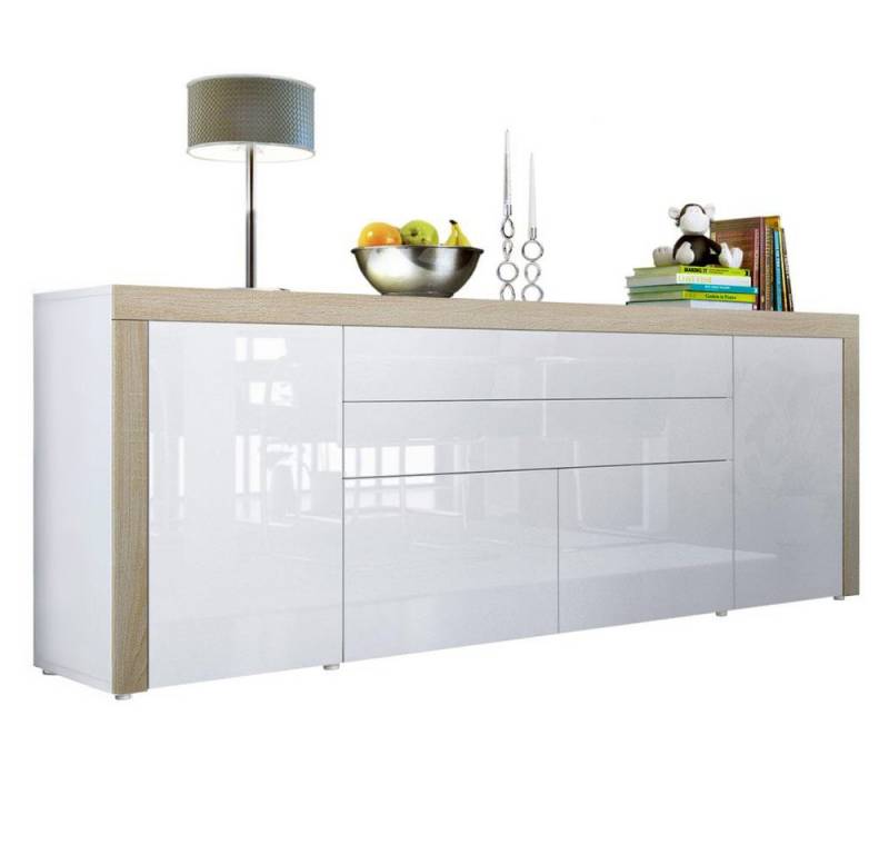Vladon Sideboard La Paz V2 (Kommode mit 2 Türen, 2 Schubkästen und 2 Klappen, Korpus Weiß matt), Front Weiß Hochglanz & Eiche sägerau (200 x 72 x 35 cm) von Vladon