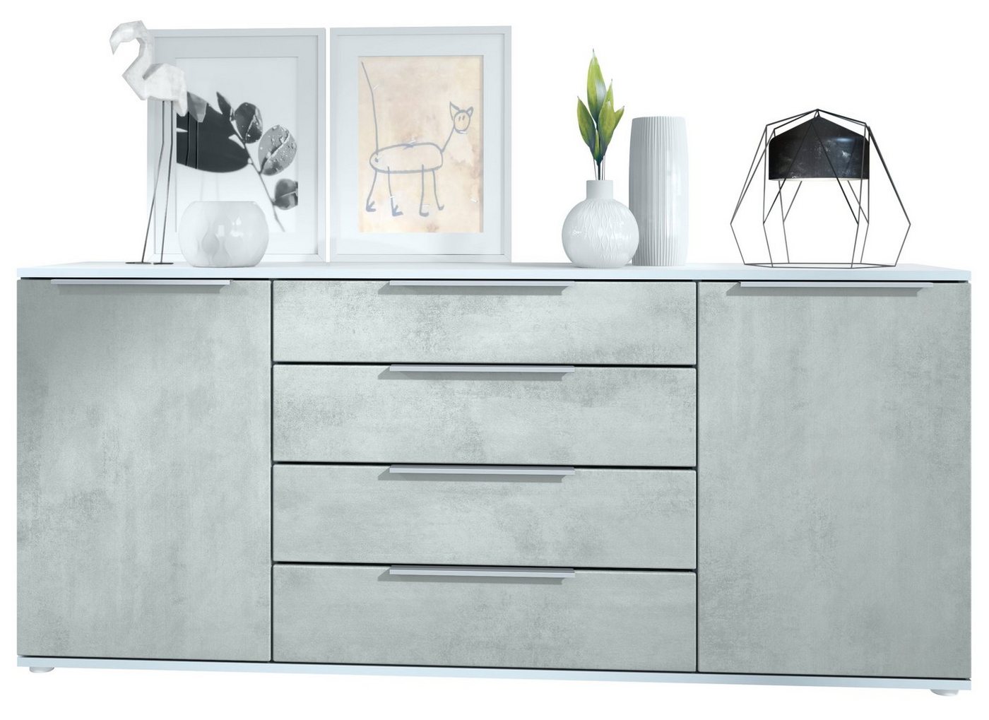 Vladon Sideboard Linio V2 (Anrichte, mit 2 Türen und 4 Schubladen), Weiß matt/Beton Oxid Optik (166,5 x 72,5 x 35 cm) von Vladon
