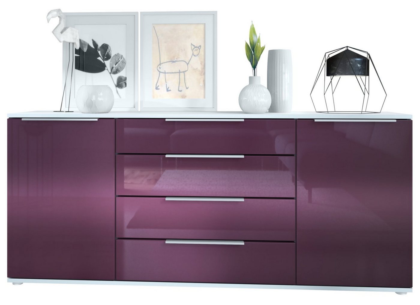 Vladon Sideboard Linio (Anrichte, mit 2 Türen und 4 Schubladen), Weiß matt/Brombeer Hochglanz (166,5 x 72,5 x 35 cm) von Vladon