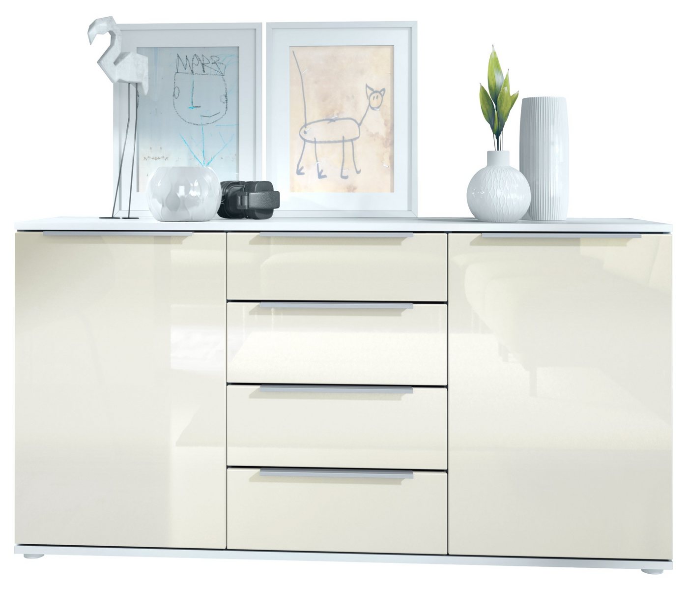 Vladon Sideboard Linio (Anrichte, mit 2 Türen und 4 Schubladen), Weiß matt/Creme Hochglanz (139 x 72,5 x 35 cm) von Vladon