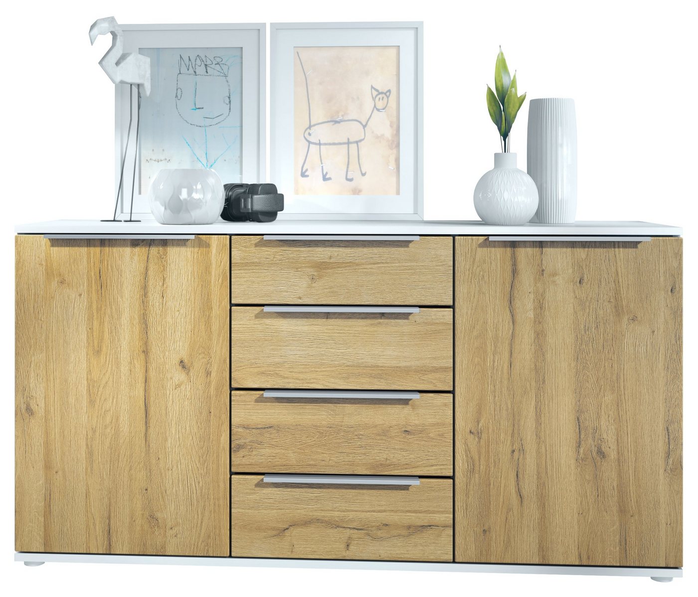 Vladon Sideboard Linio (Anrichte, mit 2 Türen und 4 Schubladen), Weiß matt/Eiche Natur (139 x 72,5 x 35 cm) von Vladon