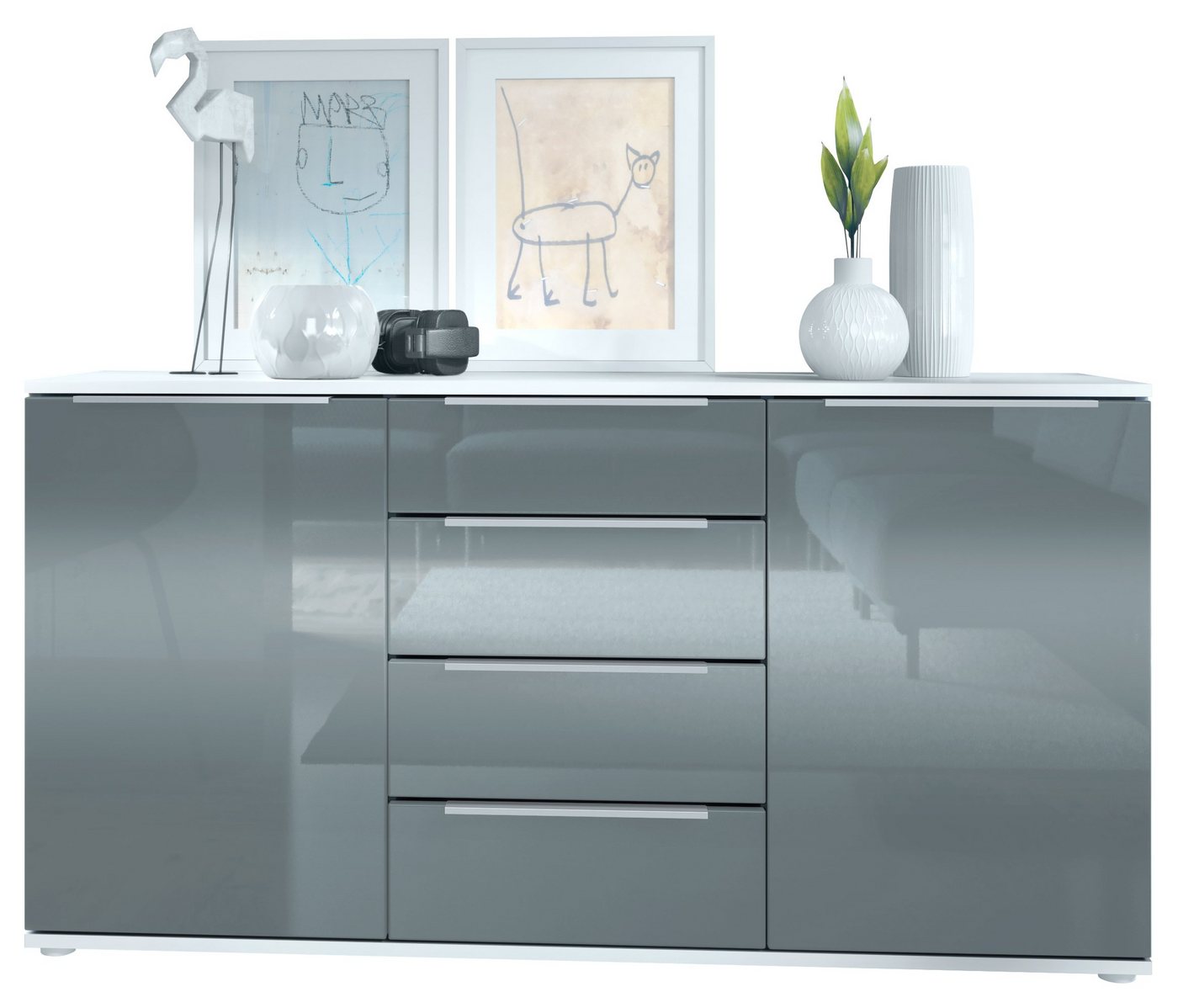 Vladon Sideboard Linio (Anrichte, mit 2 Türen und 4 Schubladen), Weiß matt/Grau Hochglanz (139 x 72,5 x 35 cm) von Vladon