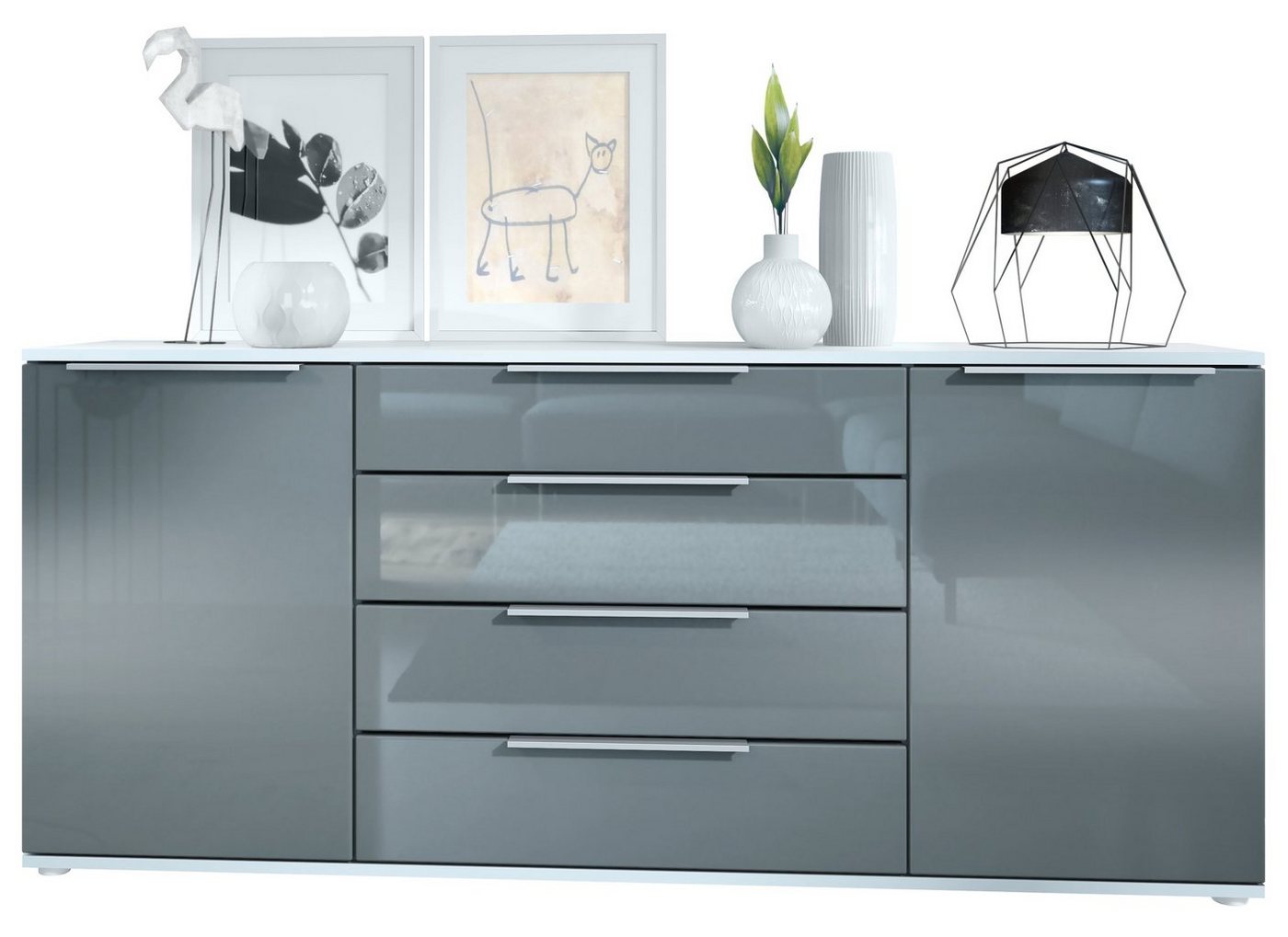 Vladon Sideboard Linio (Anrichte, mit 2 Türen und 4 Schubladen), Weiß matt/Grau Hochglanz (166,5 x 72,5 x 35 cm) von Vladon