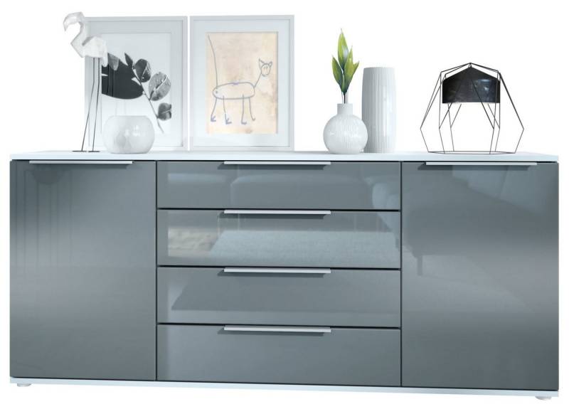 Vladon Sideboard Linio V2 (Anrichte, mit 2 Türen und 4 Schubladen), Weiß matt/Grau Hochglanz (166,5 x 72,5 x 35 cm) von Vladon