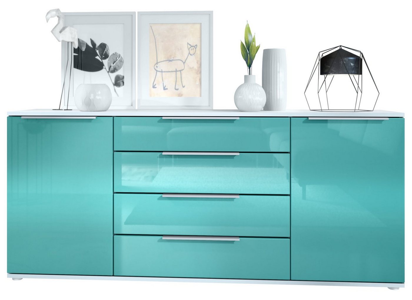 Vladon Sideboard Linio (Anrichte, mit 2 Türen und 4 Schubladen), Weiß matt/Petrol Hochglanz (166,5 x 72,5 x 35 cm) von Vladon