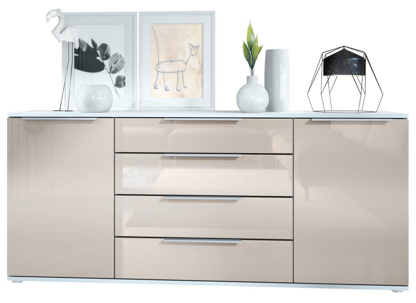 Vladon Sideboard Linio (Anrichte, mit 2 Türen und 4 Schubladen), Weiß matt/Sandgrau Hochglanz (166,5 x 72,5 x 35 cm) von Vladon