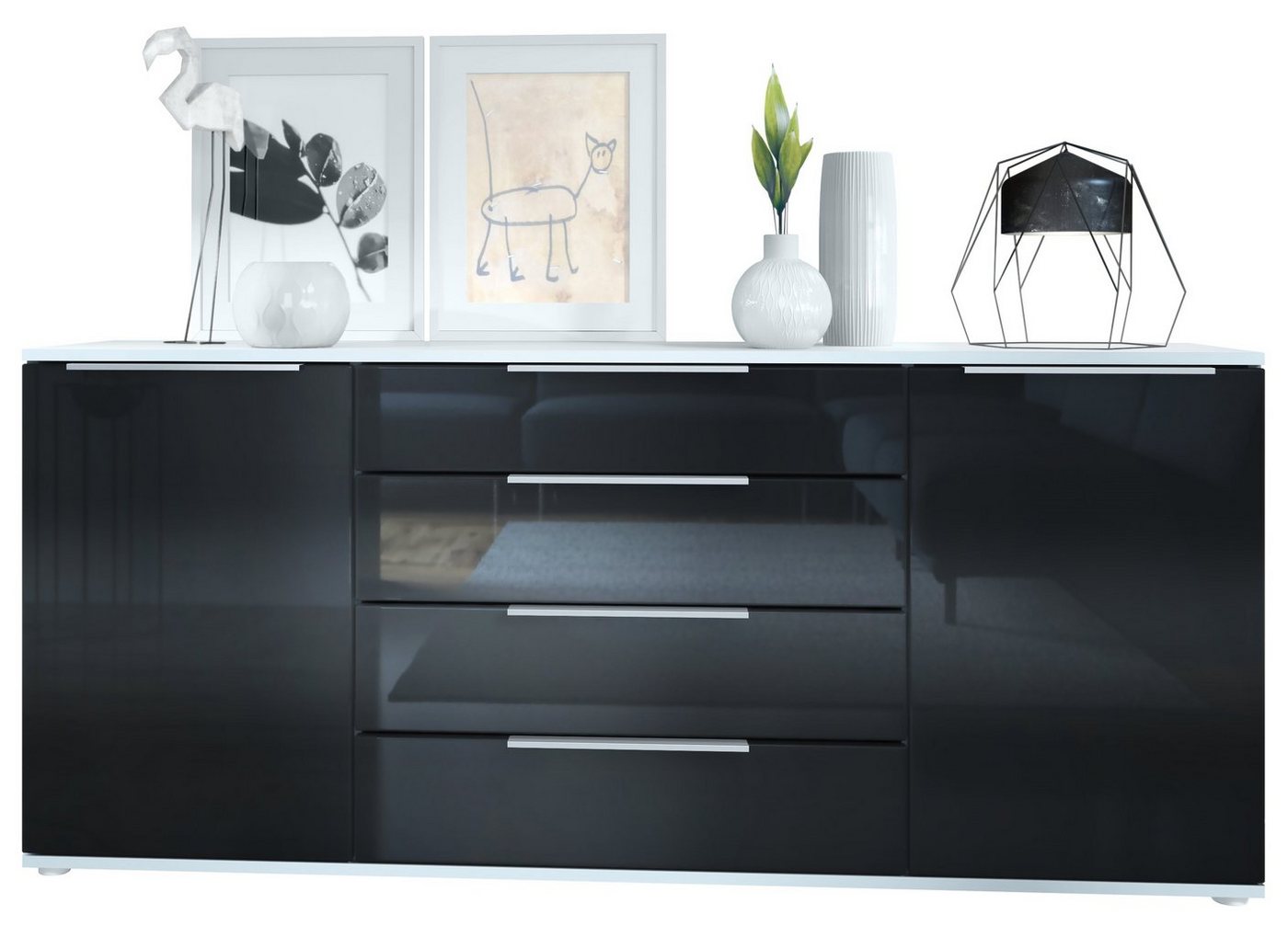 Vladon Sideboard Linio (Anrichte, mit 2 Türen und 4 Schubladen), Weiß matt/Schwarz Hochglanz (166,5 x 72,5 x 35 cm) von Vladon