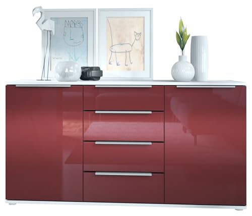 Vladon Sideboard Linio 139 x 72,5 x 35 cm Anrichte mit 2 Türen und 4 Schubladen, Korpus in Weiß matt, Fronten in Bordeaux Hochglanz von Vladon