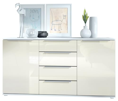 Vladon Sideboard Linio 139 x 72,5 x 35 cm Anrichte mit 2 Türen und 4 Schubladen, Korpus in Weiß matt, Fronten in Creme Hochglanz von Vladon